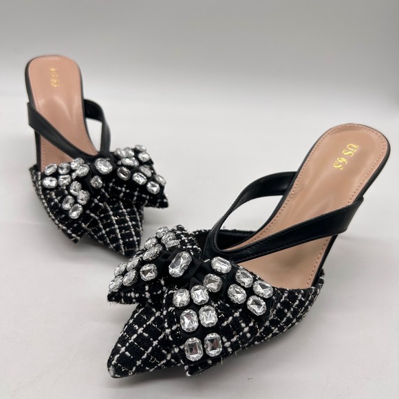 NEW Allegra K Rhinestone Bow Mules Heels Womens 6.5 Black Tweed Pointed Toe Glam - Picture 1 of 10